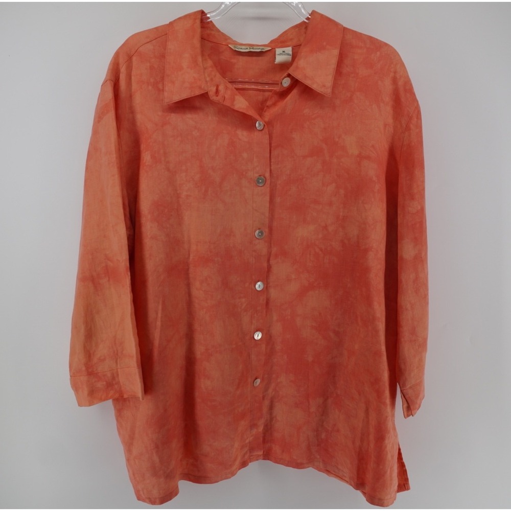 French Laundry Womens XL Orange Tie Dye 100% Linen Button Down Shirt 3/4 Sleeve